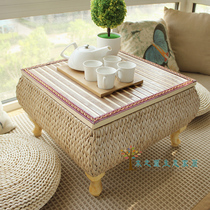 Simple solid wood balcony coffee table Pastoral handmade Pu grass woven Tatami coffee table Bay window table and room a few low tables