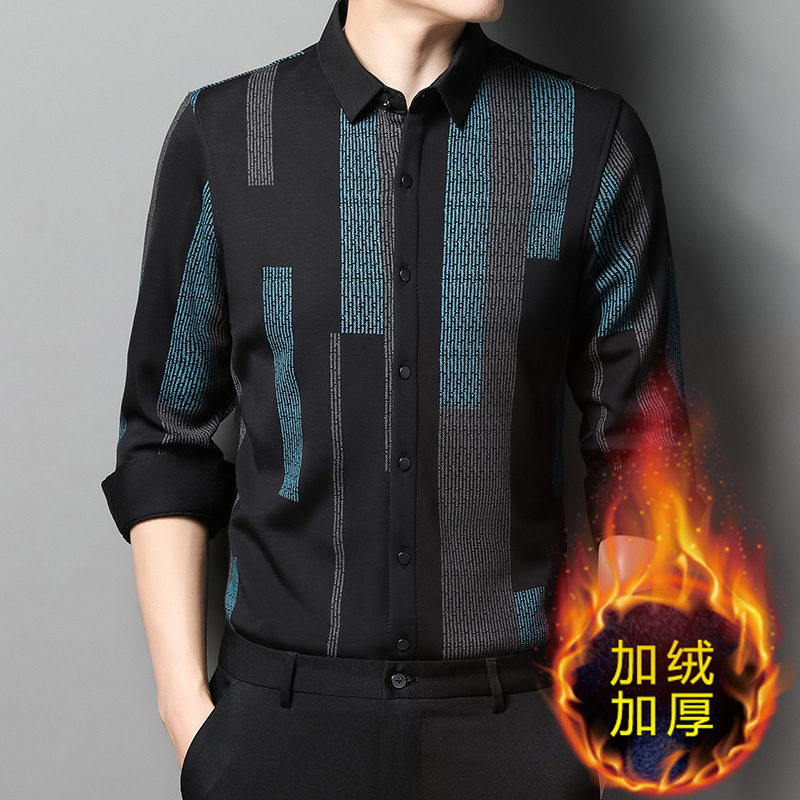 NGR plus velvet shirt male senior sense long sleeve winter thickened warm casual inner lap printing free of ironing middle-aged dad