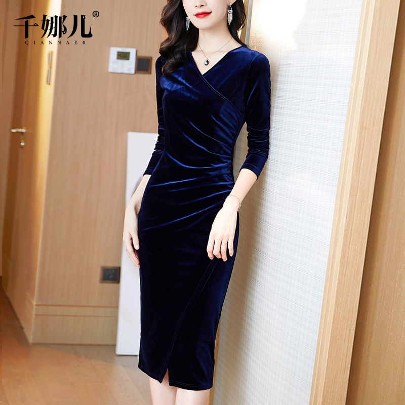 Long Dress for Spring and Autumn 2026 New Style Blue V-Neck Long-Sleeve Elegant Slimming Professional Slit Velvet Bodycon Dress
