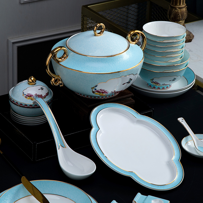 Jingdezhen ceramics dishes suit household European - style light colored enamel porcelain tableware ipads key-2 luxury high - grade gift set of bowl