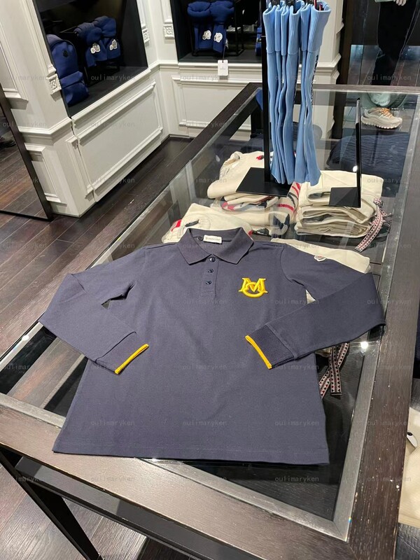 Italian Outlet Moncler Boys' Embroidered Logo Long-Sleeve T-Shirt Polo Shirt Dark Blue 10A Years Old