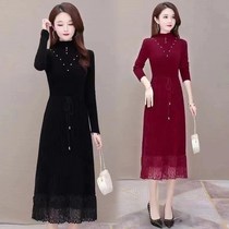 Eve Van counter] Winter New plus velvet padded middle collar medium long dress