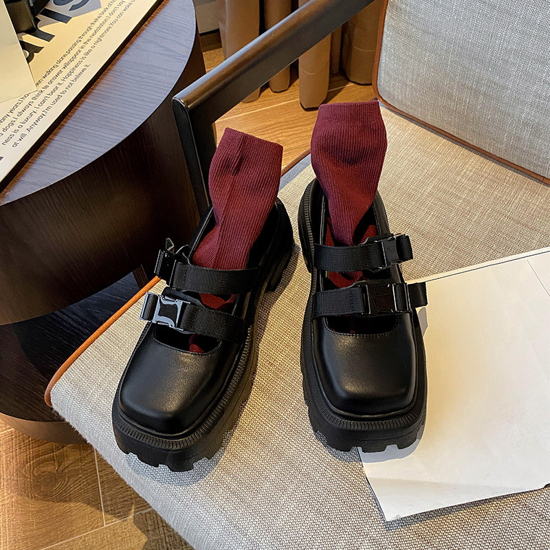 2021 new college style square head buckle small leather shoes shallow mouth thick bottom Mary Jane shoes Japanese retro single shoes women