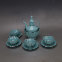 Song Dynasty Ru Kiln Blue Glazed Imperial Song Dynasty Lotus Wine Warming Pot Lotus Cup Set Antique Porcelain Boutique Collection