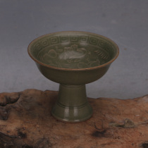 Northern Song Dynasty Yaozhou kiln celadon glaze ice cracked double rabbit stem cup Antique porcelain second-hand collection antique shelf decoration