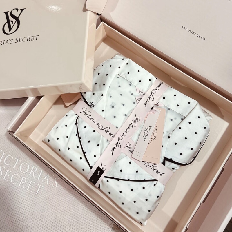 Victoria's Secret Yang Mi Style Water-Gloss Silk White Polka Dot Satin Long Pants Pajamas Loungewear Set Victoria's Secret Yang Mi Style Water-Gloss Silk White Polka Dot Satin Long Pants Pajamas Loungewear Set