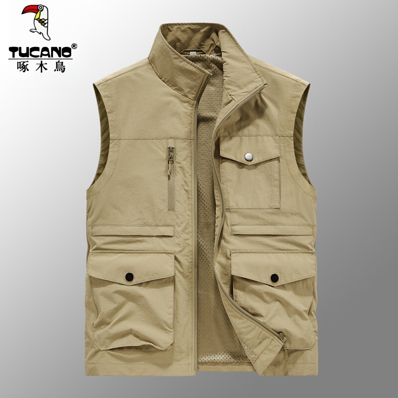 Woodpecker Work Vest for Men, Spring and Autumn, Stand Collar, Multi-Pocket, Outdoor Casual, Quick-Drying, Thin Vest Jacket