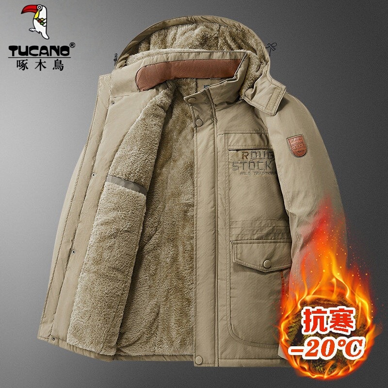 Woodpecker down Cotton Jacket Northeast Extra Thick Cotton Coat Men's Cold-Proof Cotton Clothing Outdoor Work Jacket Winter Fleece-Lined Thickened