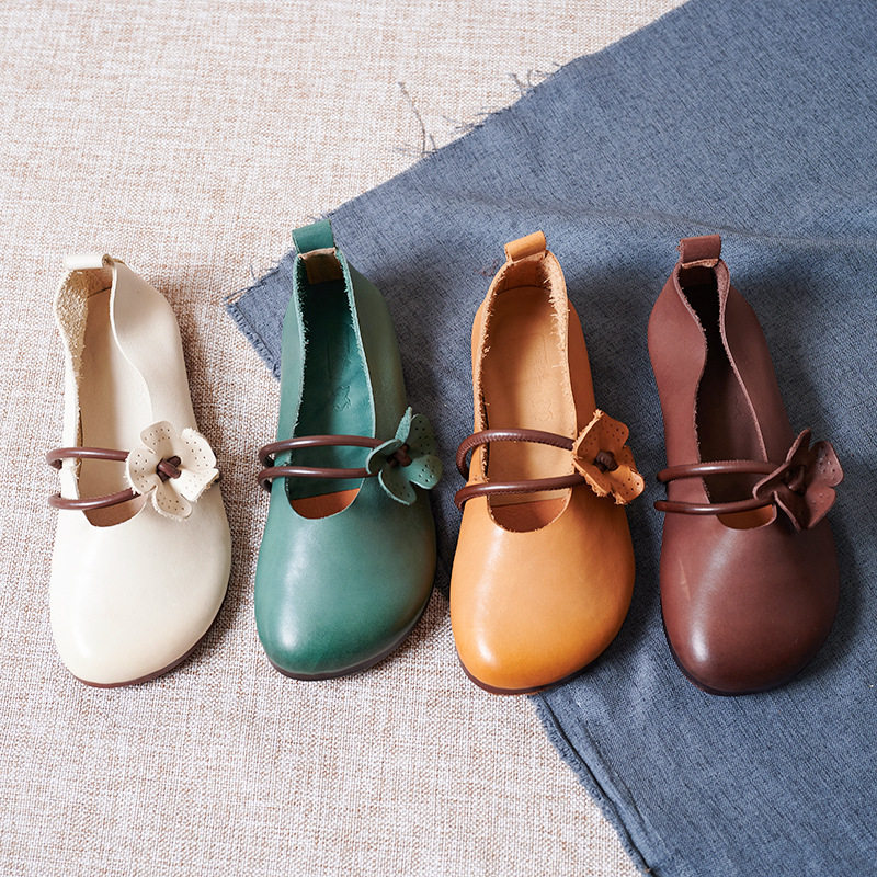 Real Leather Shallow Stomping Shoes Flat Heel Single Shoe Woman 2021 Spring Summer New Art Retro Sen Series Round Head Flowers Little Leather Shoes