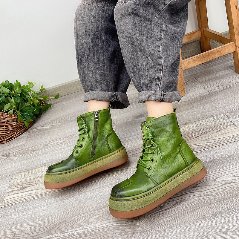 2020 autumn and winter plus fleece layer cowhide retro handmade lace-up short boots leather mid-boots thick-soled heightened Martin boots