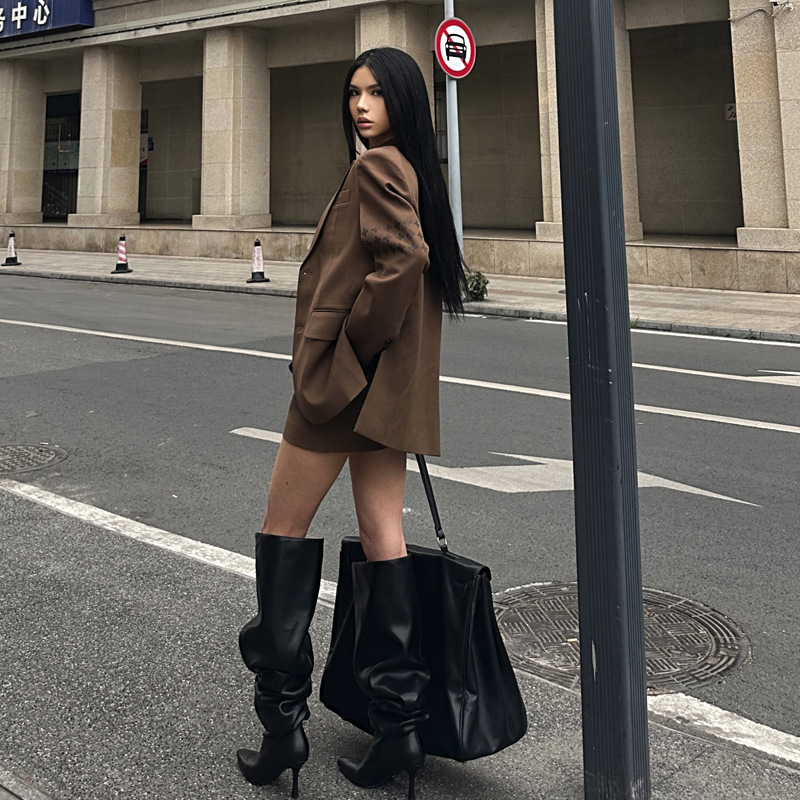 High-Heeled Long Boots for Women, New 2024 Autumn and Winter Popular Boots, Pointed Toe Stiletto Heel Over-The-Knee Wide-Leg Long Boots, Slouchy Short Boots