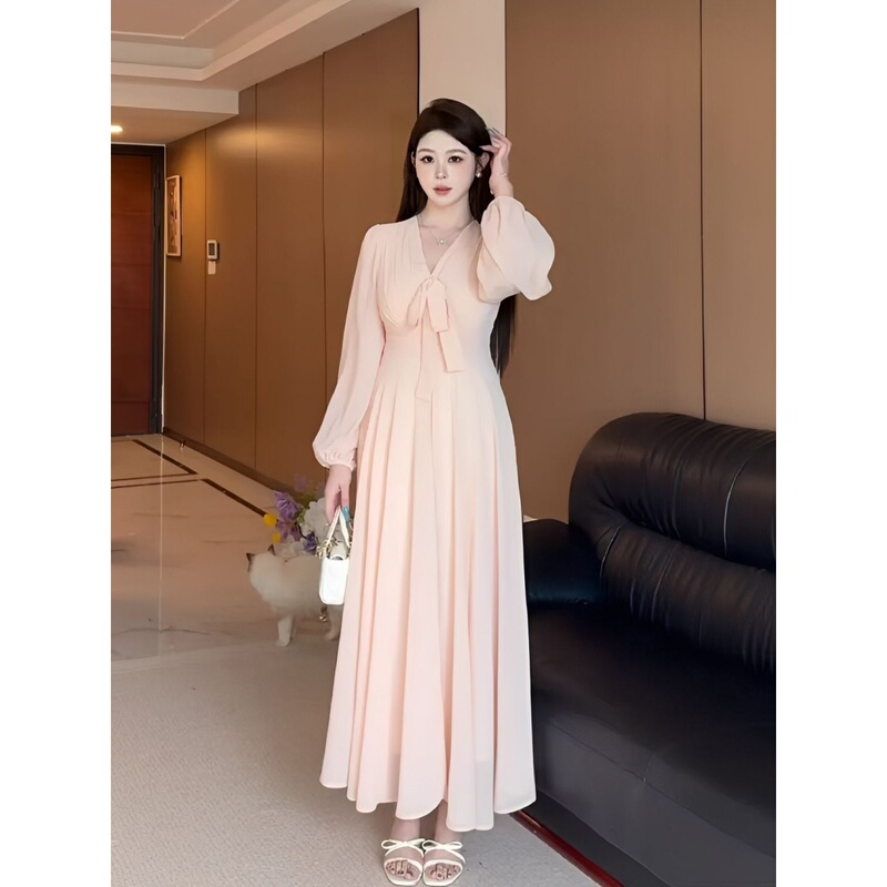 Plus-Size French-Style Gentle Long-Sleeve Dress for Women, New Autumn Model with Tie Waist, Slimming, Sweet and Elegant Long Dress