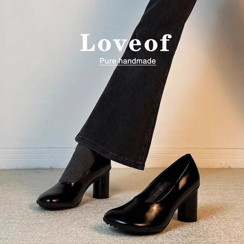 Sheepskin Version ~ Round-Toe 7cm Shallow Single-Strap Shoes for Women, Chunky Heel, Small Leather Shoes, Commuting Style, Elegant High Heels