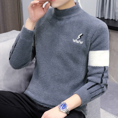 Мужской бархатный демисезонный удерживающий тепло трикотажный свитер, высокий воротник, в корейском стиле, увеличенная толщина