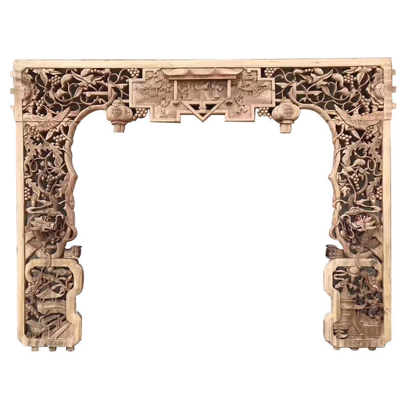 Dongyang wood carving solid wood carving background wall hanging partition decoration three-dimensional relief carving hollow solid wood lattice porch