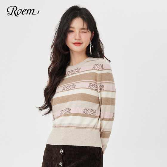 Roem 가을, 겨울 쇼핑몰 같은 스타일 라운드 넥 달콤한 게으른 스타일 대비 색 줄무늬 편지 인쇄 여성용 다목적 스웨터