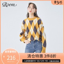 Roem spring Korean version of womens trend loose casual knitwear ridge grid contrast color round neck loose sweater bottoming shirt women