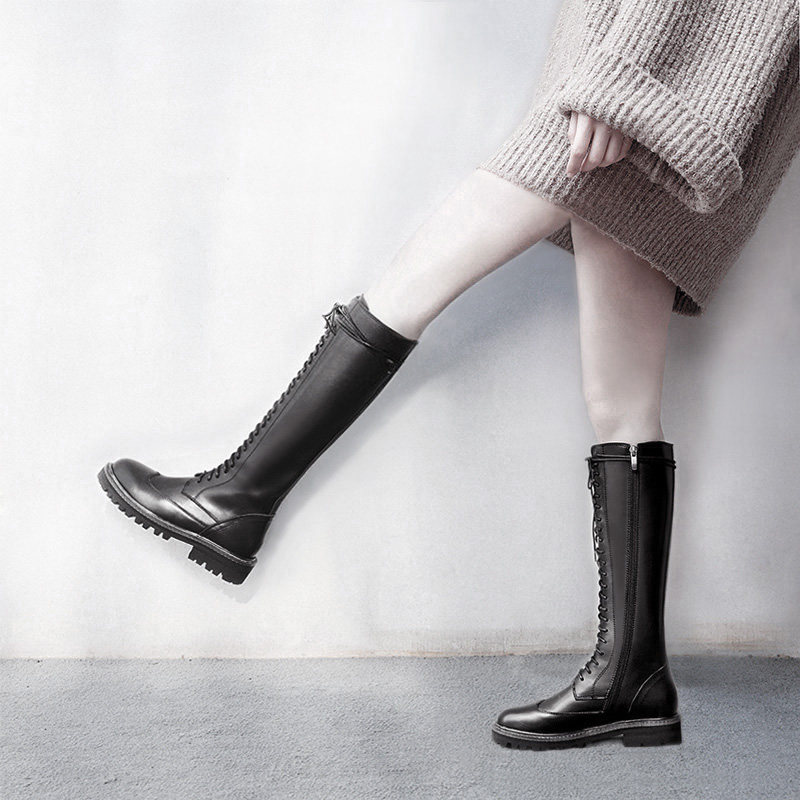 Long cylinder boots Women's winter Inn Wind lace though knee-length boots High cylinder locomotive Martin boot female midcylinder flat-bottomed riding boot