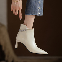Fan-style short boot female pointed spring autumn single boot small code 313233 genuine leather high heel rice white thin heel thin boot tide