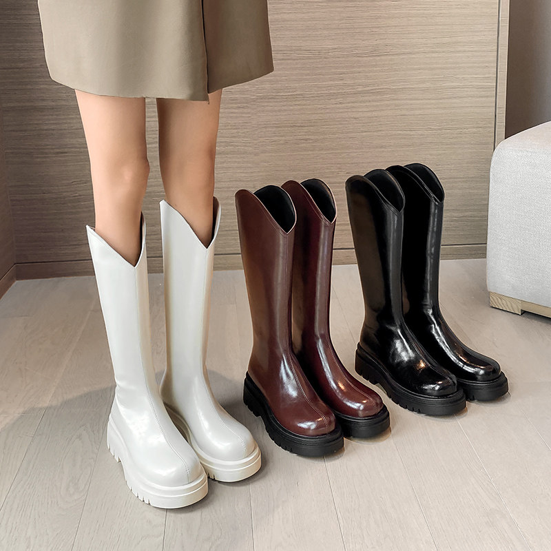 Long cylinder boot female thick leg fat MM large cylinder circumference V mouth length boots western denim boots high cylinder small sub-thick bottom riding boots