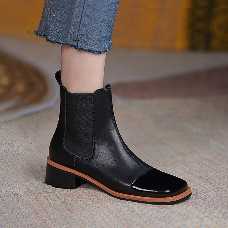 Square toe short boots women's flat bottom autumn and winter velvet new leather boots French spring and autumn single boots color-blocking low-heeled nude boots