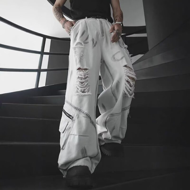 Jazz Street Dance Subculture White Ripped Graffiti Jeans Hip-Hop American Style Slimming Loose Wide-Leg Workwear Drape