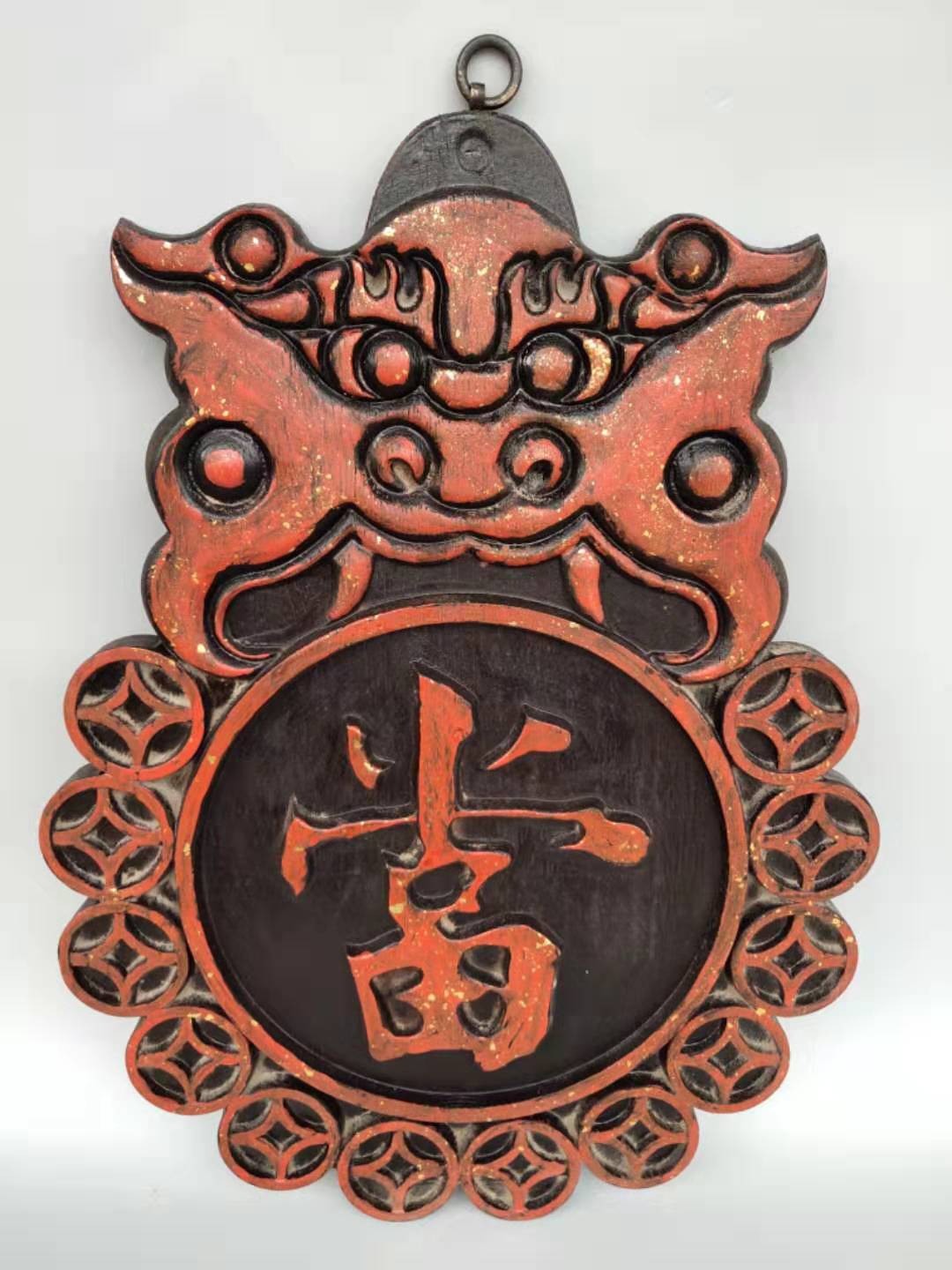 Folk collection old antiques old Tibetan old wooden tire lacquer hanging screen old pawnshop hanging flat ornaments