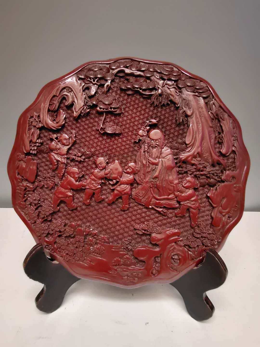 Treasured Qing Dynasty Eliminating Red Lacquer Ware Bounty of Fuwa Birthday Screen Pendulum with Antique Folk Collection Old 114563