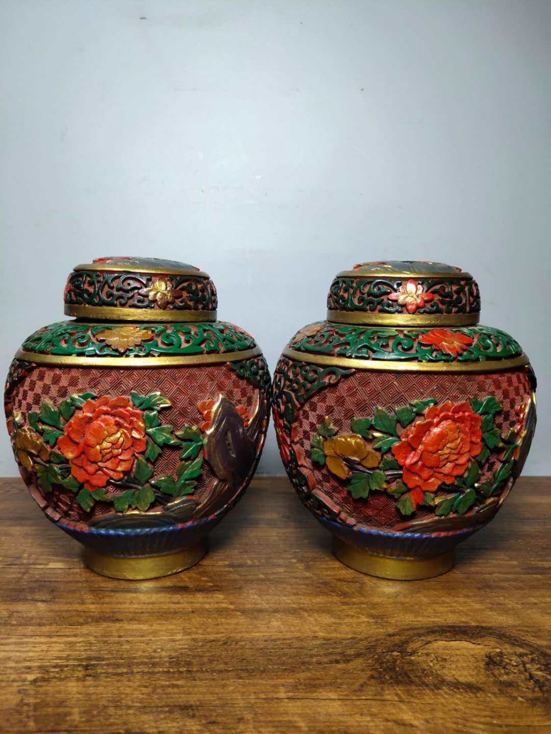 Antique Collection Clear Decor Red Lacquered Ware Hand Colored Drawing Flowers Open Rich And Expensive General Jars Hem a pair