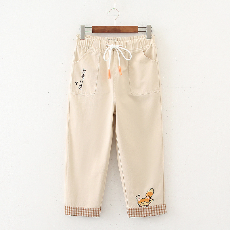 Spring and Summer New Japanese Style Mori Girl Preppy Cute Fox Embroidery Elastic Waist Straight-Leg Plaid Patchwork Casual Pants for Women