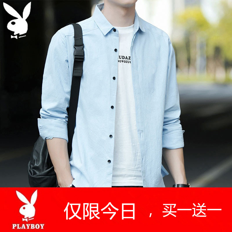 Flowers Playboy shirt male long sleeve student Han version handsome men's pure cotton seven-inch clothing full cotton shirt tide