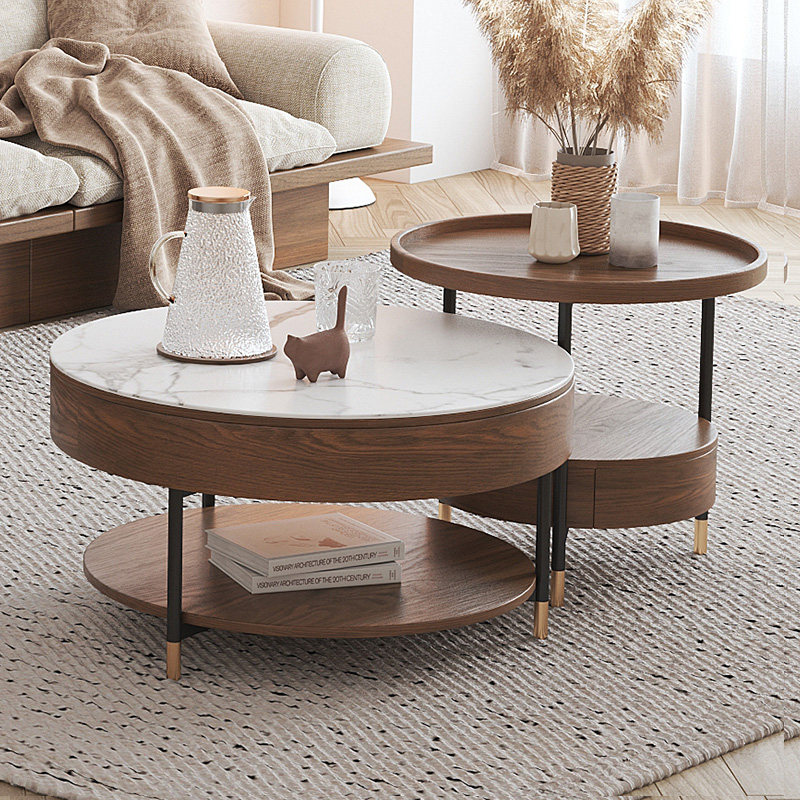 Nordic light extravagant size round double layer lifting tea table TV cabinet Composition minimalist modern small family living room multifunction 