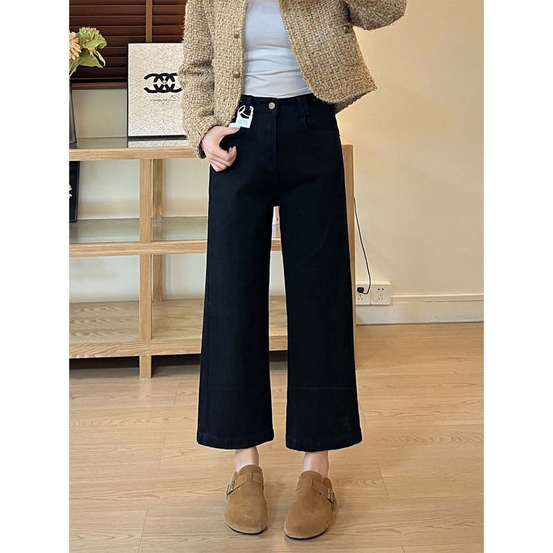 Black Stretchy Wide-Leg Jeans for Women, New Spring/Summer Style, Plus Size, High-Waisted, Loose, Slimming, Cropped Straight-Leg Pants