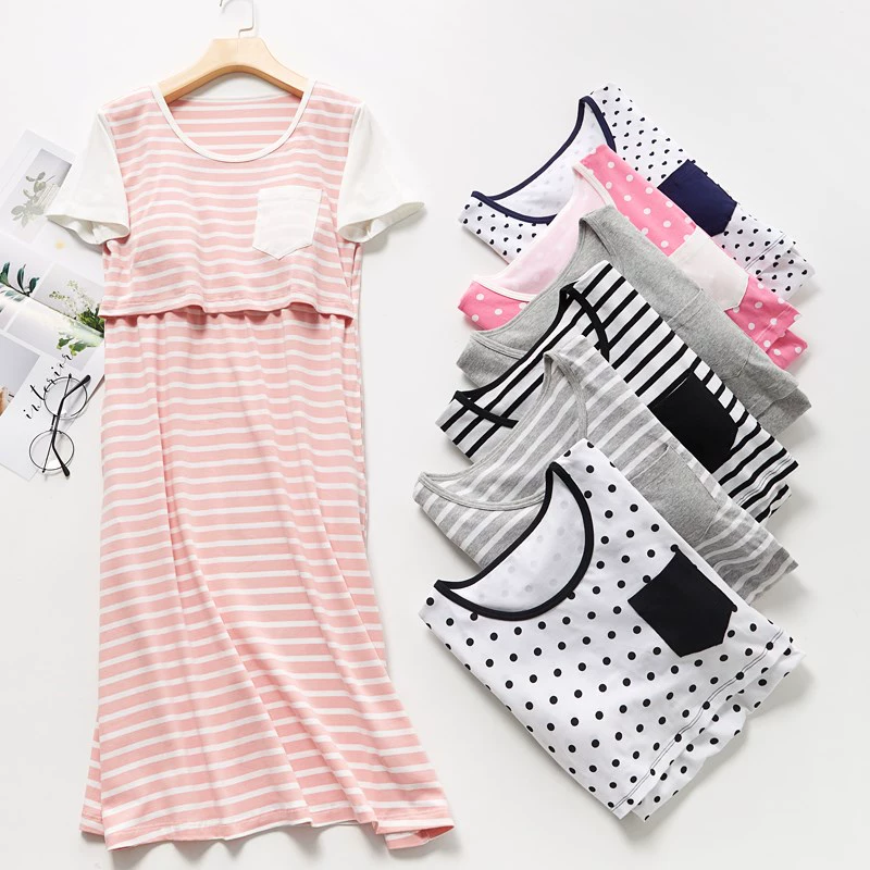Quần áo ngủ cho con bú bằng vải cotton tinh khiết phụ nữ có miếng đệm ngực phụ nữ mang thai sau sinh quần áo giam giữ mùa hè cho con bú quần áo ra ngoài quần áo ở nhà - Giải trí mặc / Mum mặc