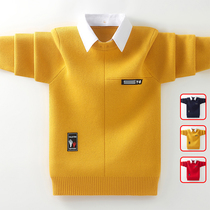 Childrens sweater boys fake two shirt collar autumn and winter 2021 new middle and Big Boys treasure cotton cotton long sleeve knitted sweater