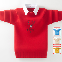 Boys fake two-piece sweater autumn winter plus velvet thickened base shirt thread coat childrens shirt boy shirt collar sweater