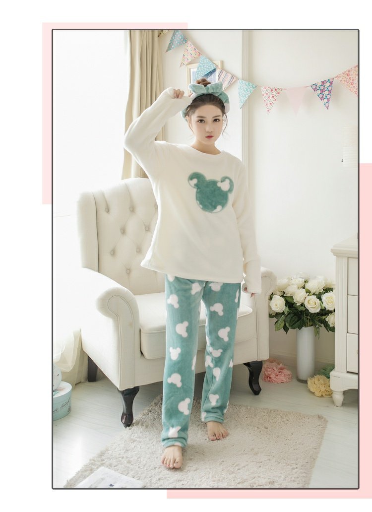 Bộ đồ ngủ nhung san hô mùa đông của phụ nữ tay dài mùa thu và mùa đông dày cộng với nhung flannel dễ thương bên ngoài mặc nhà dịch vụ ấm áp bộ đồ ngủ 2 dây