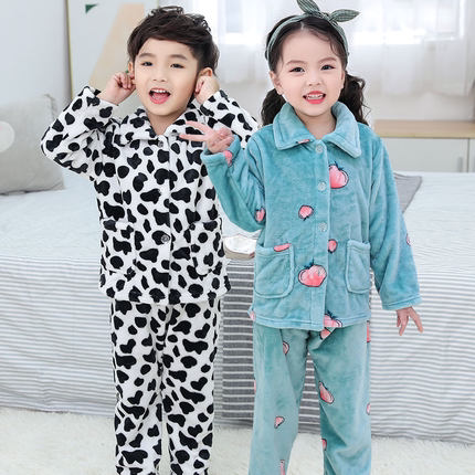 Autumn and winter children's flannel pajamas for big children and children warm plus velvet home service thickened coral fleece suit