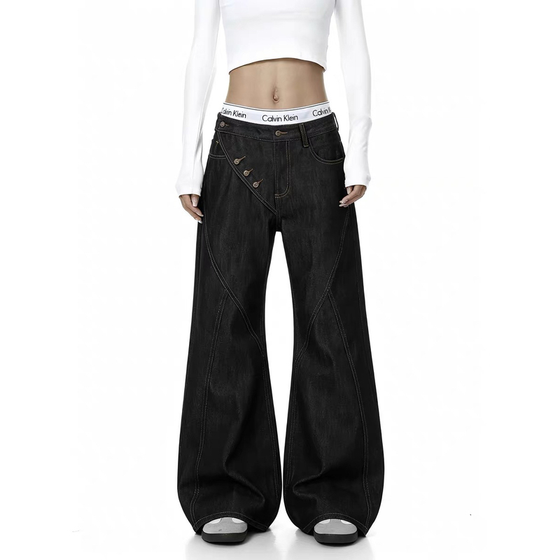American Vibe Style Raw Denim Jeans with Visible Stitching, Unisex Silhouette, Diagonal Button Design, Hip-Hop Loose Wide-Leg Pants