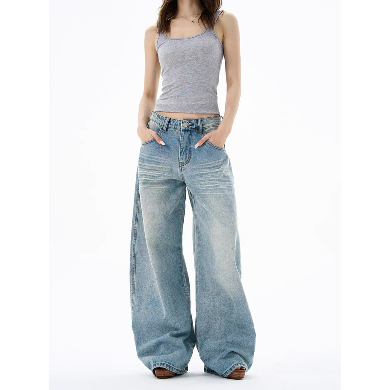 American Retro High Street Washed Scimitar Jeans for Women, Korean Style Wide-Leg Loose Casual Versatile Drapey Floor-Length Pants