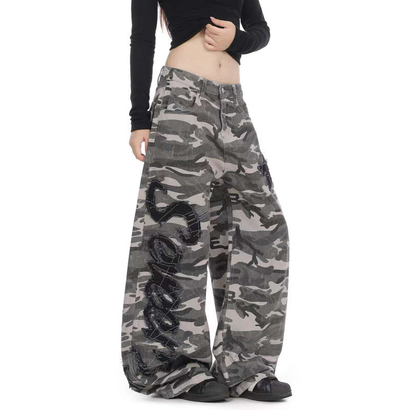American Retro Street Style Star Letter Patch Embroidery Camouflage Jeans Unisex Jazz Dance Hip-Hop Loose Pants American Retro Street Style Star Letter Patch Embroidery Camouflage Jeans Unisex Jazz Dance Hip-Hop Loose Pants