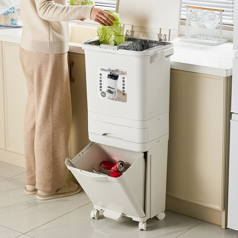 Household Kitchen Sorting Trash Can, Three-Layer Double Lid Design, Large Capacity for Separating Food Waste and Recyclables
