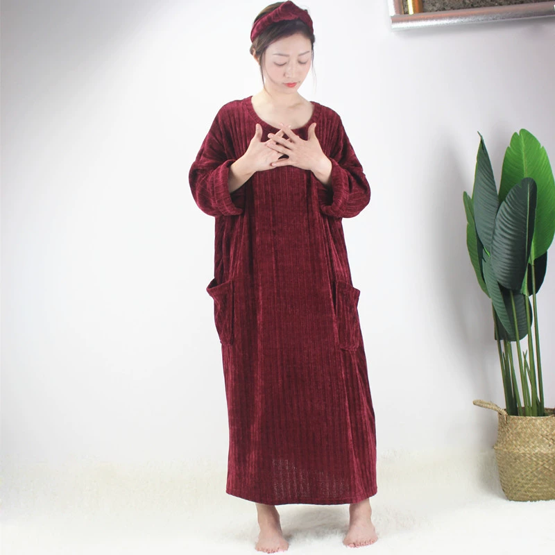 Mùa thu và mùa đông XL Super Long Sheer Velvet Váy ngủ dài tay Wool Lady Pyjama Fat MM200 kg Phụ nữ mang thai Đồ ngủ - Đêm đầm