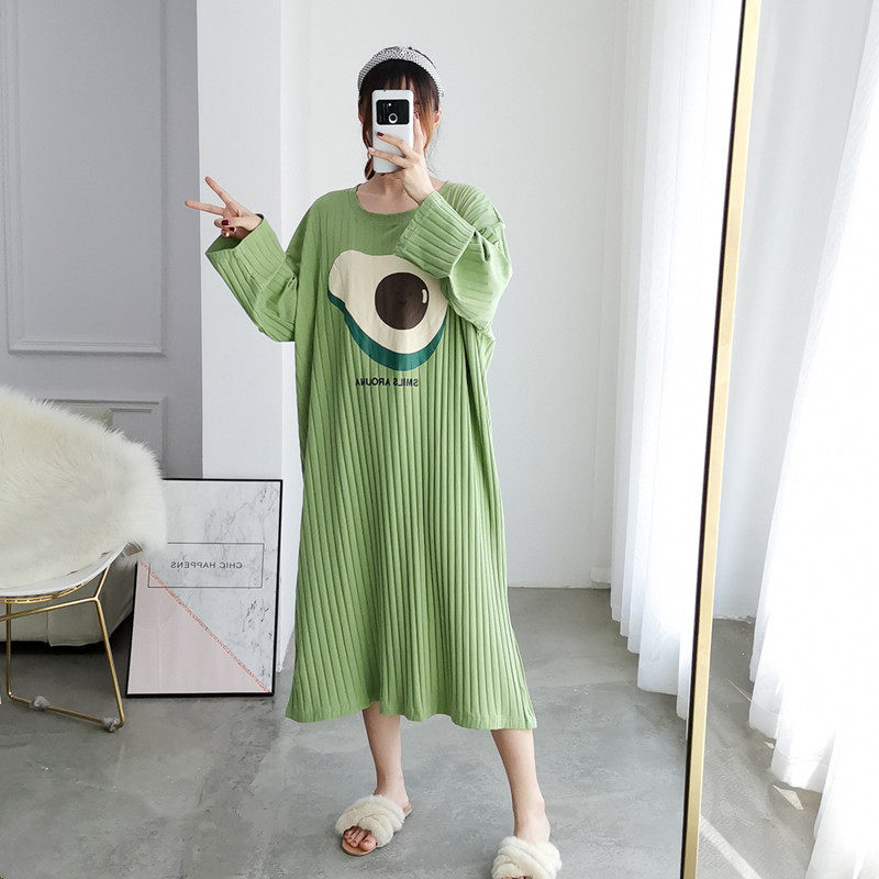 Avocado long version cotton nightdress plus size Korean version long-sleeved spring and autumn fat MM200 catties loose pregnant women's home clothes
