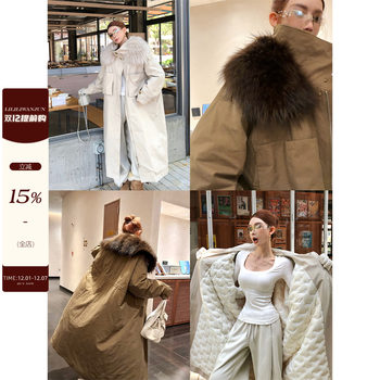 Li Wanjun's Annual Battle Robe Parka for Women, Autumn and Winter Raccoon Fur Collar Loose White Goose down Coat Trench Coat Jacket