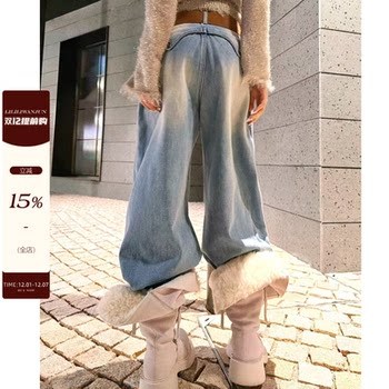 Li Wanjun's Original Light-Colored Vintage Washed Fleece-Lined Long Pants for Women, Autumn and Winter Mink Velvet Slimming Heavy-Duty Butt-Lifting Jeans