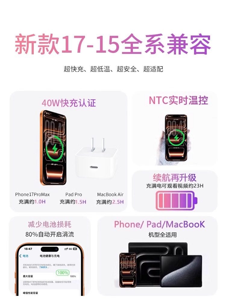 [Official Genuine Product] [Original 40W Fast Charger] Compatible with Apple 17 Charger Head, iPhone 16 Pro Max, Mobile Phone 15/14 Plug, Pd Data Cable, iPad 13/12 Set, Type-C