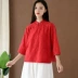 Cộng hòa Trung Quốc nữ sinh viên retro sườn xám hàng đầu mùa hè mới cotton và vải lanh nữ văn học đứng cổ áo sơ mi hoa cao cấp nữ - Áo sơ mi