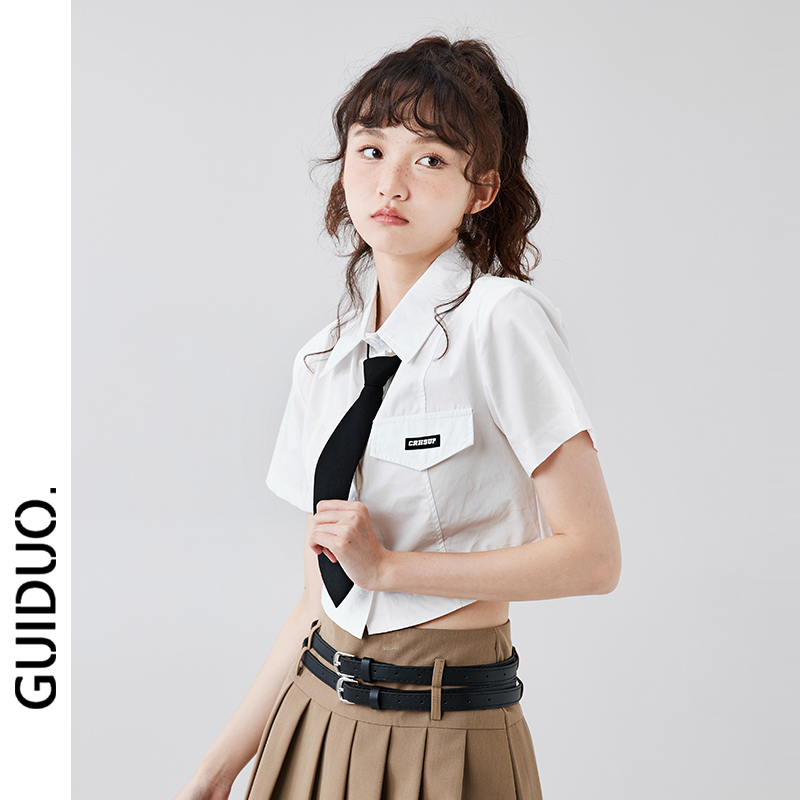 White Short-Sleeved Shirt for Women, Summer 2026 New Design, Niche Style, Regular Shoulder, American-Style Tie, Waist-Cinching, Short Top