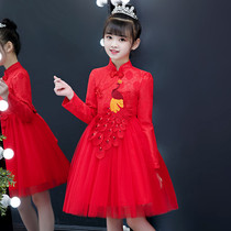 Girls cheongsam dress Autumn childrens clothing Western style red skirt Tang dress Princess dress Chinese style puffy yarn performance suit